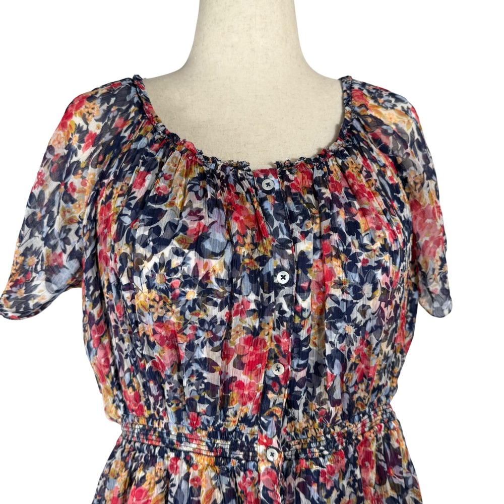 Sundance Floral Cupro Midi‎ Dress Blue Red Smocked Waist Short Sleeve Womens L